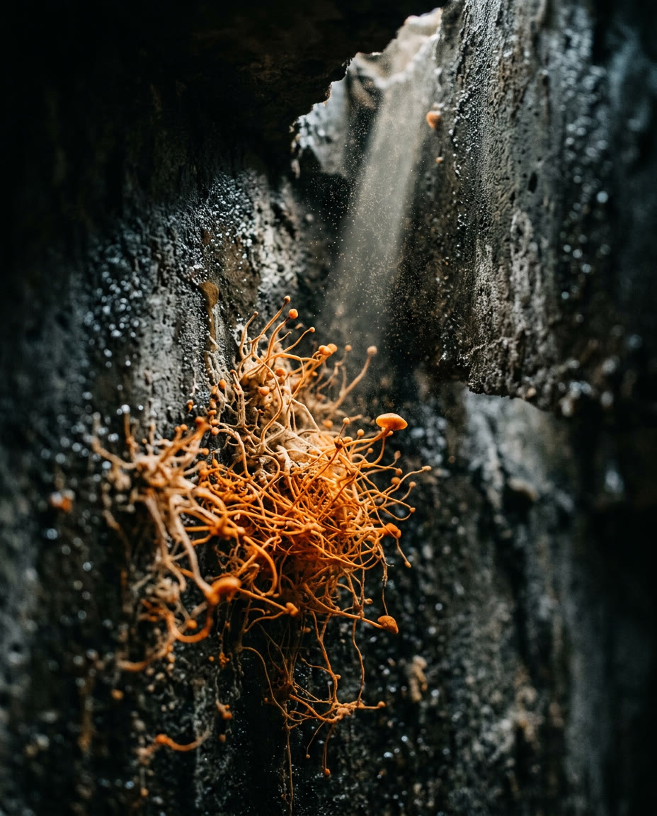 Close-up of an orange parasitic fungus growing on a damp concrete wall, spores floating in a ray of light