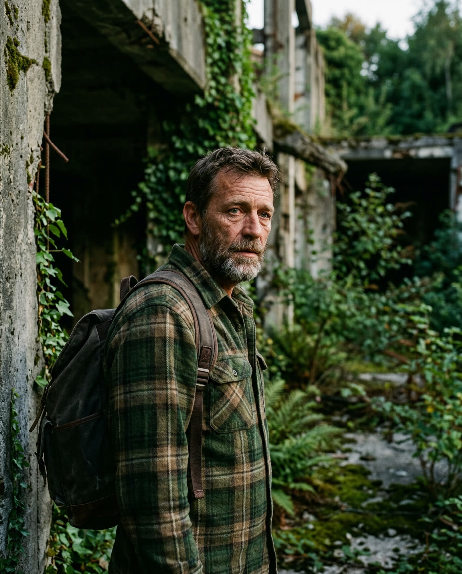 Original illustrated portrait evoking Joel, a survivor in a world reclaimed by nature