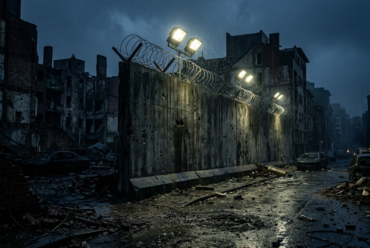 Concrete quarantine zone wall with barbed wire and floodlights at night in the rain